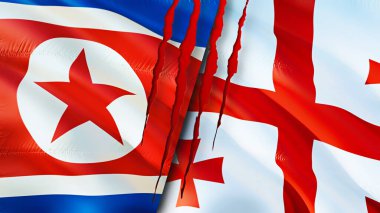 Kuzey Kore ve Gürcistan bayraklarında yara izi var. Dalgalanan bayrak, 3 boyutlu görüntüleme. Kuzey Kore ve Gürcistan çatışması. Kuzey Kore Georgia ilişkileri kavramı. Kuzey Kore ve Georgi bayrağı