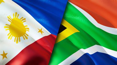 Filipinler ve Güney Afrika bayrakları. 3 boyutlu dalgalanan bayrak tasarımı. Filipinler Güney Afrika bayrağı, resim, duvar kağıdı. Filipinler, Güney Afrika imajına karşı, 3 boyutlu canlandırma. Filipinler Güney Afrika ilişkisi