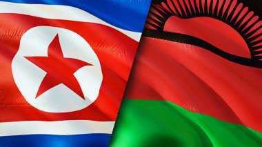 Kuzey Kore ve Malavi bayrakları. 3 boyutlu dalgalanan bayrak tasarımı. Kuzey Kore Malavi bayrağı, resim, duvar kağıdı. Kuzey Kore, Malawi 'ye karşı, görüntü 3 boyutlu. Kuzey Kore Malavi ilişkileri