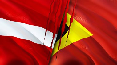 Letonya ve Doğu Timor bayraklarında yara izi var. Dalgalanan bayrak, 3 boyutlu görüntüleme. Letonya ve Doğu Timor çatışma konsepti. Letonya Doğu Timor ilişkileri kavramı. Letonya bayrağı ve Doğu Timor krizi, savaş, attac