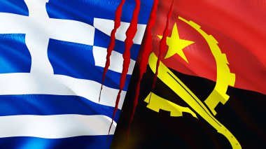 Yunanistan ve Angola yara izi kavramına sahip bayraklar. Dalgalanan bayrak, 3 boyutlu görüntüleme. Yunanistan ve Angola çatışma konsepti. Yunanistan Angola ilişkileri kavramı. Yunanistan bayrağı ve Angola krizi, savaş, saldırı konsepti