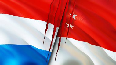 Lüksemburg ve Singapur bayrakları ve yara izi konsepti. Dalgalanan bayrak, 3 boyutlu görüntüleme. Lüksemburg ve Singapur çatışma konsepti. Lüksemburg Singapur ilişkileri kavramı. Lüksemburg ve Singapur bayrağı