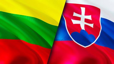 Litvanya ve Slovakya bayrakları. 3 boyutlu dalgalanan bayrak tasarımı. Litvanya Slovakya bayrağı, resim, duvar kağıdı. Litvanya, Slovakya 'ya karşı, görüntü 3 boyutlu. Litvanya Slovakya ilişkileri bir ittifak