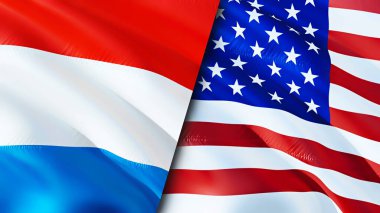 Lüksemburg ve Birleşik Devletler bayrakları. 3 boyutlu dalgalanan bayrak tasarımı. Lüksemburg Birleşik Devletleri bayrağı, resmi, duvar kağıdı. Lüksemburg, ABD imajına karşı, 3D görüntüleme. Lüksemburg Birleşik Devletler ilişkileri