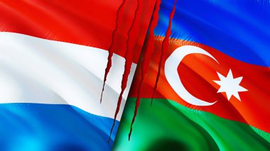 Yara izi olan Lüksemburg ve Azerbaycan bayrakları. Dalgalanan bayrak, 3 boyutlu görüntüleme. Lüksemburg ve Azerbaycan çatışma konsepti. Lüksemburg Azerbaycan ilişkileri kavramı. Lüksemburg ve Azerbaycan bayrağı