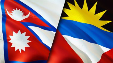 Nepal, Antigua ve Barbuda bayrakları. 3 boyutlu dalgalanan bayrak tasarımı. Nepal Antigua ve Barbuda bayrağı, resim, duvar kağıdı. Nepal, Antigua ve Barbuda 'ya karşı, görüntü 3 boyutlu. Nepal Antigua ve Barbuda ilişkileri