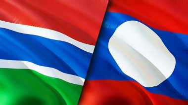 Gambiya ve Laos bayrakları. 3 boyutlu dalgalanan bayrak tasarımı. Gambiya Laos bayrağı, resim, duvar kağıdı. Gambiya Laos 'a karşı görüntüsü, 3D görüntüleme. Gambiya Laos ilişkileri ittifak ve ticaret, seyahat, turizm konsepti