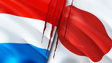 Lüksemburg ve Japonya yara izi olan bayraklar. Dalgalanan bayrak, 3 boyutlu görüntüleme. Lüksemburg ve Japonya çatışma konsepti. Lüksemburg Japonya ilişkileri kavramı. Lüksemburg bayrağı ve Japonya krizi, savaş, attac