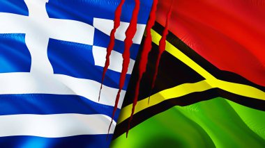 Yara izi olan Yunanistan ve Vanuatu bayrakları. Dalgalanan bayrak, 3 boyutlu görüntüleme. Yunanistan ve Vanuatu çatışma konsepti. Yunanistan Vanuatu ilişkileri kavramı. Yunanistan bayrağı ve Vanuatu krizi, savaş, saldırı konsepti