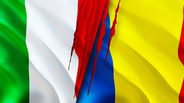 İtalya ve Romanya yara izi kavramına sahip bayraklar. Dalgalanan bayrak, 3 boyutlu görüntüleme. İtalya ve Romanya ihtilaf konsepti. İtalya Romanya ilişkileri kavramı. İtalya ve Romanya 'nın bayrağı kriz, savaş, saldırı konsepti