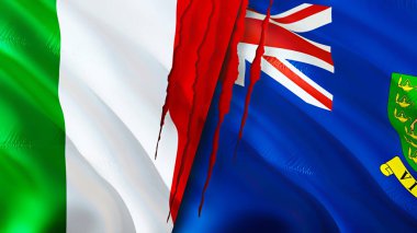 İtalya ve Britanya Virjin Adaları yara izi kavramına sahip bayraklar. Dalgalanan bayrak, 3 boyutlu görüntüleme. İtalya ve Britanya Virjin Adaları çatışma konsepti. İtalya Britanya Virjin Adaları ilişkileri kavramı. İtal bayrağı