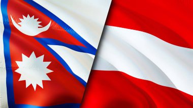 Nepal ve Avusturya bayrakları. 3 boyutlu dalgalanan bayrak tasarımı. Nepal Avusturya bayrağı, resim, duvar kağıdı. Nepal Avusturya 'ya karşı, görüntü 3 boyutlu. Nepal Avusturya ilişkileri ittifak ve ticaret, seyahat, turizm konsepti