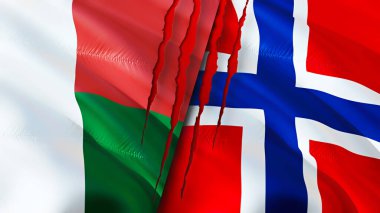Madagaskar ve Norveç bayrakları yara izi konseptiyle. Dalgalanan bayrak, 3 boyutlu görüntüleme. Madagaskar ve Norveç çatışma konsepti. Madagaskar Norveç ilişkileri kavramı. Madagaskar bayrağı ve Norveç krizi, savaş, attac