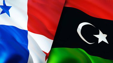 Panama ve Libya bayrakları. 3 boyutlu dalgalanan bayrak tasarımı. Panama Libya bayrağı, resim, duvar kağıdı. Panama, Libya imajına karşı, 3D görüntüleme. Panama Libya ilişkileri ittifak ve ticaret, seyahat, turizm konsepti