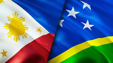 Filipinler ve Solomon Adaları bayrakları. 3 boyutlu dalgalanan bayrak tasarımı. Filipinler Solomon Adaları bayrağı, resim, duvar kağıdı. Filipinler, Solomon Adaları 'na karşı. Görüntü 3 boyutlu. Filipinler Solomon Adası