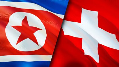 Kuzey Kore ve İsviçre bayrakları. 3 boyutlu dalgalanan bayrak tasarımı. Kuzey Kore bayrağı, resim, duvar kağıdı. Kuzey Kore, İsviçre 'ye karşı, görüntü 3D. Kuzey Kore İsviçre ilişkileri ittifak