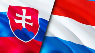 Slovakya ve Lüksemburg bayrakları. 3 boyutlu dalgalanan bayrak tasarımı. Slovakya Lüksemburg bayrağı, resim, duvar kağıdı. Slovakya, Lüksemburg imajına karşı, 3D görüntüleme. Slovakya Lüksemburg ilişkileri ittifakı