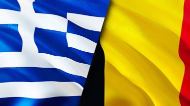 Yunanistan ve Belçika bayrakları. 3 boyutlu dalgalanan bayrak tasarımı. Yunanistan Belçika bayrağı, resim, duvar kağıdı. Yunanistan, Belçika 'ya karşı, görüntü 3D. Yunanistan Belçika ilişkileri ittifak ve ticaret, seyahat ve turizm konsepti