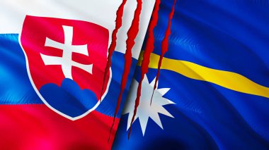 Slovakya ve yara izi olan Nauru bayrakları. Dalgalanan bayrak, 3 boyutlu görüntüleme. Slovakya ve Nauru çatışma konsepti. Slovakya Nauru ilişkileri kavramı. Slovakya bayrağı ve Nauru krizi, savaş, saldırı konsepti