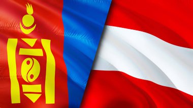 Moğolistan ve Avusturya bayrakları. 3 boyutlu dalgalanan bayrak tasarımı. Moğolistan Avusturya bayrağı, resim, duvar kağıdı. Moğolistan Avusturya 'ya karşı, görüntü 3 boyutlu. Moğolistan Avusturya ilişkileri ittifak ve ticaret, seyahat, turnuva