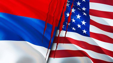 Sırbistan ve ABD yara izi kavramına sahip bayraklar. Dalgalanan bayrak, 3 boyutlu görüntüleme. Sırbistan ve ABD ihtilaf kavramı. Sırbistan ABD ilişkileri kavramı. Sırbistan ve ABD 'nin bayrağı kriz, savaş, saldırı konsepti