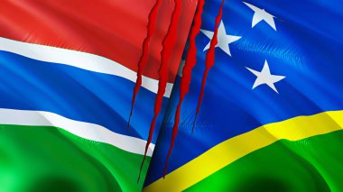Gambiya ve Solomon Adaları yara izi olan bayraklar. Dalgalanan bayrak, 3 boyutlu görüntüleme. Gambiya ve Solomon Adaları çatışma konsepti. Gambiya Solomon Adaları ilişkileri kavramı. Gambiya ve Solomo bayrağı