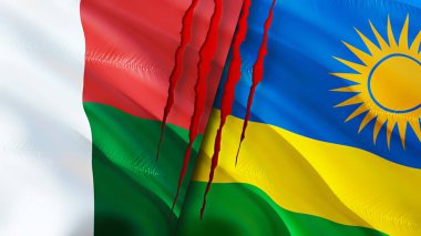Madagaskar ve Ruanda bayrakları yara izi konseptiyle. Dalgalanan bayrak, 3 boyutlu görüntüleme. Madagaskar ve Ruanda çatışma konsepti. Madagaskar Ruanda ilişkileri kavramı. Madagaskar bayrağı ve Ruanda krizi, savaş, attac