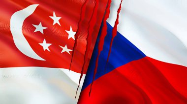 Yara izi olan Singapur ve Çek bayrakları. Dalgalanan bayrak, 3 boyutlu görüntüleme. Singapur ve Çek çatışma konsepti. Singapur Çek ilişkileri kavramı. Singapur bayrağı ve Çek krizi, savaş, saldırı konsepti