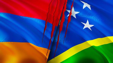 Ermenistan ve Solomon Adaları yara izi olan bayraklar. Dalgalanan bayrak, 3 boyutlu görüntüleme. Ermenistan ve Solomon Adaları çatışma konsepti. Ermenistan Solomon Adaları ilişkileri kavramı. Ermenistan ve Solomo bayrağı