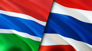 Gambiya ve Tayland bayrakları. 3 boyutlu dalgalanan bayrak tasarımı. Gambiya Tayland bayrağı, resim, duvar kağıdı. Gambiya, Tayland 'a karşı, görüntü 3 boyutlu. Gambiya Tayland ilişkileri ittifak ve ticaret, seyahat, turizm konsepti