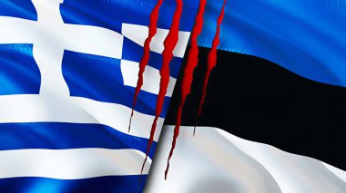 Yunanistan ve Estonya yara izi kavramına sahip bayraklar. Dalgalanan bayrak, 3 boyutlu görüntüleme. Yunanistan ve Estonya ihtilaf kavramı. Yunanistan Estonya ilişkileri kavramı. Yunanistan ve Estonya bayrağı krizi, savaş, saldırı konsepti