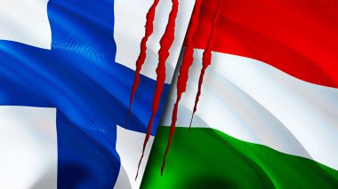 Yara izi olan Finlandiya ve Macaristan bayrakları. Dalgalanan bayrak, 3 boyutlu görüntüleme. Finlandiya ve Macaristan çatışma konsepti. Finlandiya Macaristan ilişkileri kavramı. Finlandiya bayrağı ve Macaristan krizi, savaş, saldırı konsepti