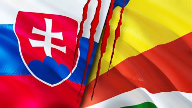 Slovakya ve Seyşeller yara izi olan bayraklar. Dalgalanan bayrak, 3 boyutlu görüntüleme. Slovakya ve Seyşeller çatışma konsepti. Slovakya Seyşeller ilişkileri kavramı. Slovakya ve Seychelle bayrağı
