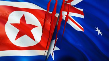 Kuzey Kore ve Avustralya yara izi kavramına sahip bayraklar. Dalgalanan bayrak, 3 boyutlu görüntüleme. Kuzey Kore ve Avustralya çatışma konsepti. Kuzey Kore Avustralya ilişkileri kavramı. Kuzey Kore ve Avustralya bayrağı