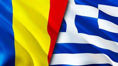 Romanya ve Yunanistan bayrakları. 3 boyutlu dalgalanan bayrak tasarımı. Romanya bayrağı, resmi, duvar kağıdı. Romanya Yunanistan 'a karşı imaj, 3D görüntüleme. Romanya Yunanistan 'ın ilişkileri ittifak ve Ticaret, seyahat ve turizm kavramları