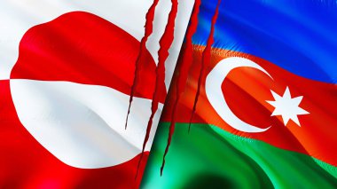 Grönland ve Azerbaycan bayrakları ve yara izi konsepti. Dalgalanan bayrak, 3 boyutlu görüntüleme. Grönland ve Azerbaycan çatışma konsepti. Grönland Azerbaycan ilişkileri kavramı. Grönland ve Azerbaycan bayrağı