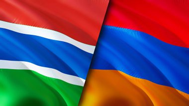 Gambiya ve Ermenistan bayrakları. 3 boyutlu dalgalanan bayrak tasarımı. Gambiya Ermenistan bayrağı, resim, duvar kağıdı. Gambiya Ermenistan imajına karşı, 3 boyutlu görüntüleme. Gambiya Ermenistan ilişkileri ittifak ve ticaret, seyahat, turizm konsepti