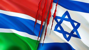 Gambiya ve İsrail bayrakları yara izi konseptiyle. Dalgalanan bayrak, 3 boyutlu görüntüleme. Gambiya ve İsrail çatışma konsepti. Gambiya İsrail ilişkileri kavramı. Gambiya ve İsrail bayrağı krizi, savaş, saldırı konsepti