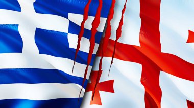 Yara izi kavramına sahip Yunanistan ve Gürcistan bayrakları. Dalgalanan bayrak, 3 boyutlu görüntüleme. Yunanistan ve Gürcistan çatışma konsepti. Yunanistan Gürcistan ilişkileri. Yunanistan ve Gürcistan bayrağı krizi, savaş, saldırı konsepti