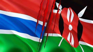 Gambiya ve Kenya bayraklarında yara izi var. Dalgalanan bayrak, 3 boyutlu görüntüleme. Gambiya ve Kenya çatışma konsepti. Gambiya Kenya ilişkileri kavramı. Gambiya bayrağı ve Kenya krizi, savaş, saldırı konsepti