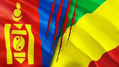 Yara izi olan Moğolistan ve Kongo bayrakları. Dalgalanan bayrak, 3 boyutlu görüntüleme. Moğolistan ve Kongo çatışma konsepti. Moğolistan Kongo ilişkileri kavramı. Moğolistan ve Kongo bayrağı krizi, savaş, saldırı konsepti