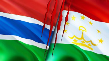 Gambiya ve Tacikistan bayraklarında yara izi var. Dalgalanan bayrak, 3 boyutlu görüntüleme. Gambiya ve Tacikistan çatışma konsepti. Gambiya Tacikistan ilişkileri kavramı. Gambiya ve Tacikistan bayrağı krizi, savaş, attac