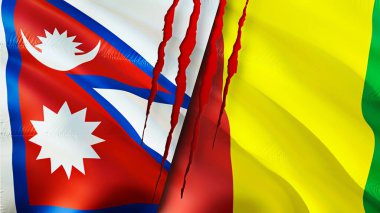 Yara izi olan Nepal ve Gine bayrakları. Dalgalanan bayrak, 3 boyutlu görüntüleme. Nepal ve Gine çatışması konsepti. Nepal Gine ilişkileri konsepti. Nepal ve Gine krizi bayrağı, savaş, saldırı konsepti