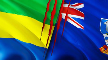 Gabon ve Falkland Adaları yara izi olan bayraklar. Dalgalanan bayrak, 3 boyutlu görüntüleme. Gabon ve Falkland Adaları çatışma konsepti. Gabon Falkland Adaları ilişkileri kavramı. Gabon ve Falklan bayrağı