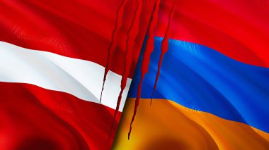 Letonya ve Ermenistan bayraklarında yara izi var. Dalgalanan bayrak, 3 boyutlu görüntüleme. Letonya ve Ermenistan çatışması konsepti. Letonya Ermenistan ilişkileri kavramı. Letonya ve Ermenistan bayrağı krizi, savaş, saldırı konsepti