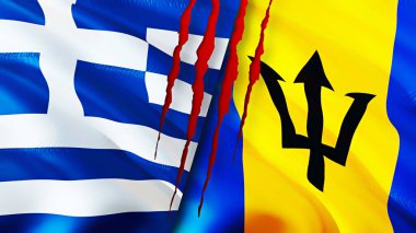 Yunanistan ve Barbados yara izi kavramına sahip bayraklar. Dalgalanan bayrak, 3 boyutlu görüntüleme. Yunanistan ve Barbados çatışma konsepti. Yunanistan Barbados ilişkileri kavramı. Yunanistan ve Barbados bayrağı krizi, savaş, saldırı konsepti