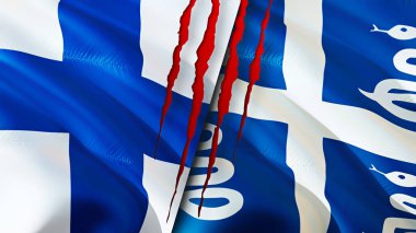 Finlandiya ve Martinique bayraklarında yara izi var. Dalgalanan bayrak, 3 boyutlu görüntüleme. Finlandiya ve Martinik çatışma konsepti. Finlandiya Martinik ilişkileri kavramı. Finlandiya bayrağı ve Martinik krizi, savaş