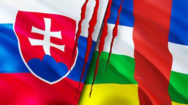 Slovakya ve Orta Afrika Cumhuriyeti yara izi kavramına sahip bayraklar. Dalgalanan bayrak, 3 boyutlu görüntüleme. Slovakya ve Orta Afrika Cumhuriyeti çatışma konsepti. Slovakya Orta Afrika Cumhuriyeti ilişkileri kavramı