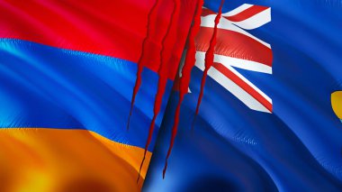 Yara izi olan Ermenistan ve Saint Helena bayrakları. Dalgalanan bayrak, 3 boyutlu görüntüleme. Ermenistan ve Saint Helena çatışma konsepti. Ermenistan Saint Helena ilişkileri kavramı. Ermenistan ve Aziz bayrağı
