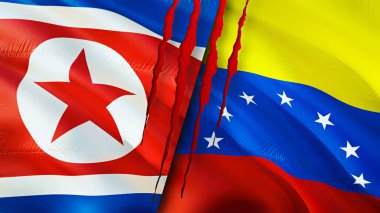 Kuzey Kore ve Venezuela bayraklarında yara izi var. Dalgalanan bayrak, 3 boyutlu görüntüleme. Kuzey Kore ve Venezuela çatışma konsepti. Kuzey Kore Venezuela ilişkileri kavramı. Kuzey Kore ve Venezuela bayrağı